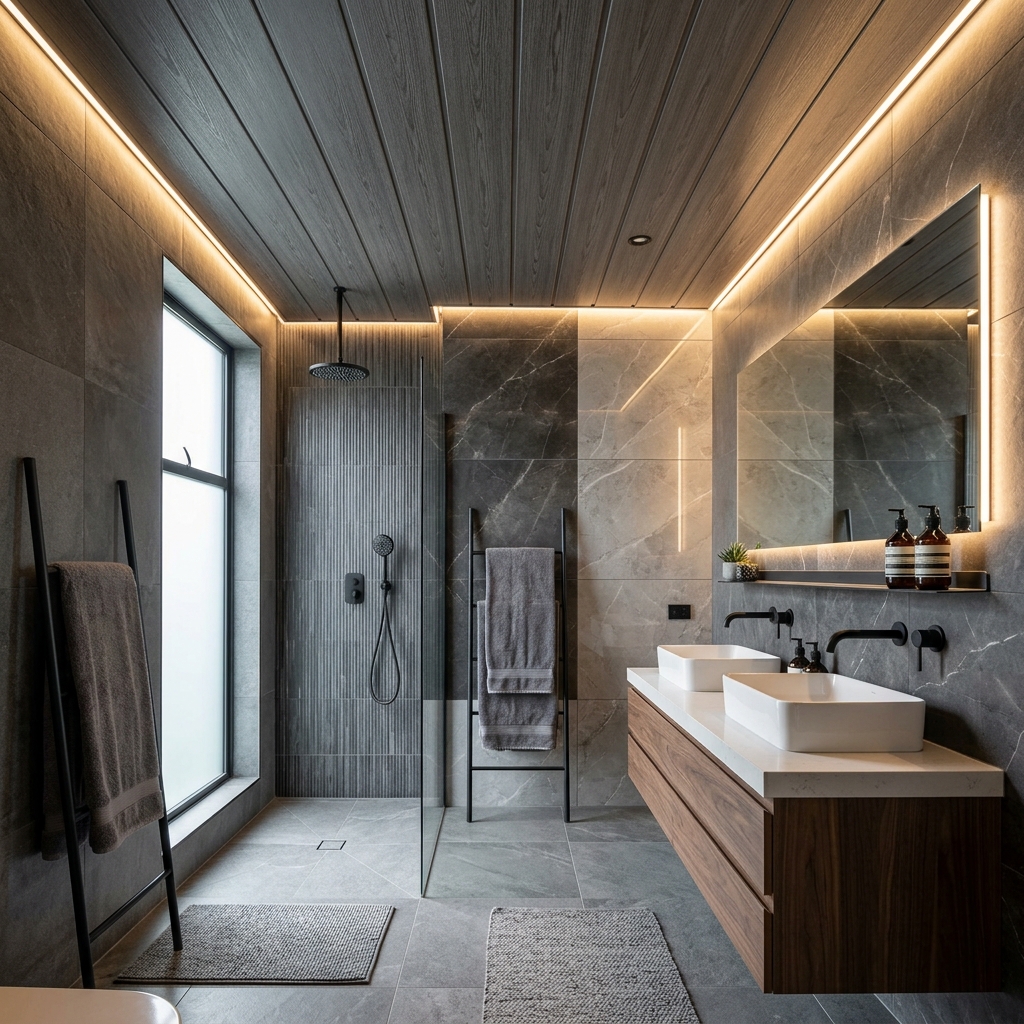 Modern banyo gri PVC lambiri tavan uygulaması